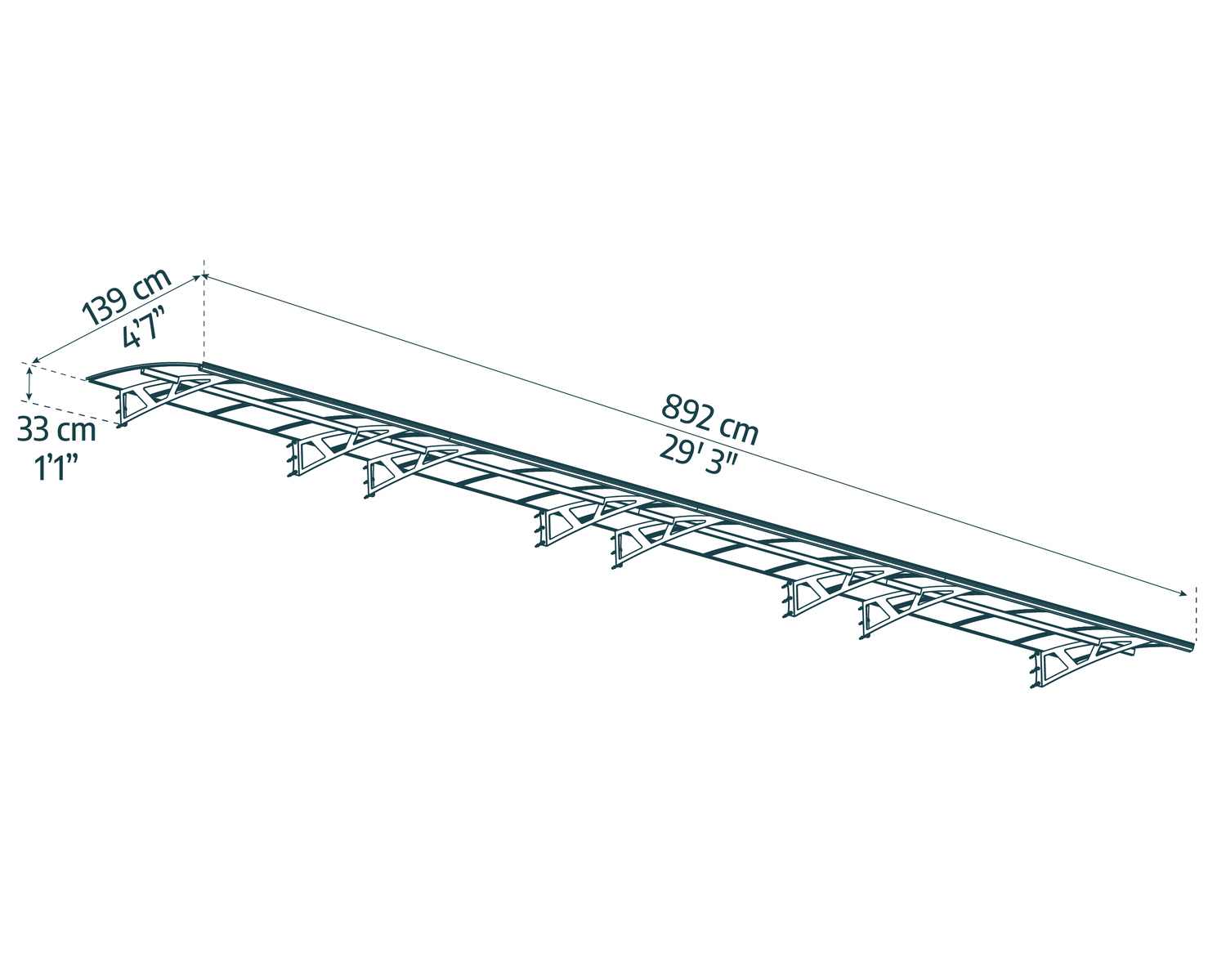 Grey Amsterdam door awning, 5 ft x 29 ft, with a transparent roof sketch
