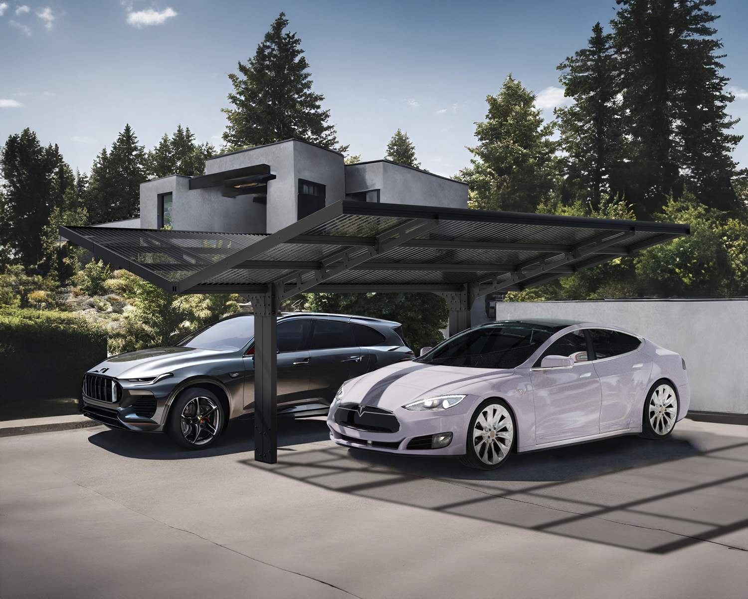 Black 20ft x 20ft Sydney Wings aluminum carport with a wave design and two luxury cars parked underneath