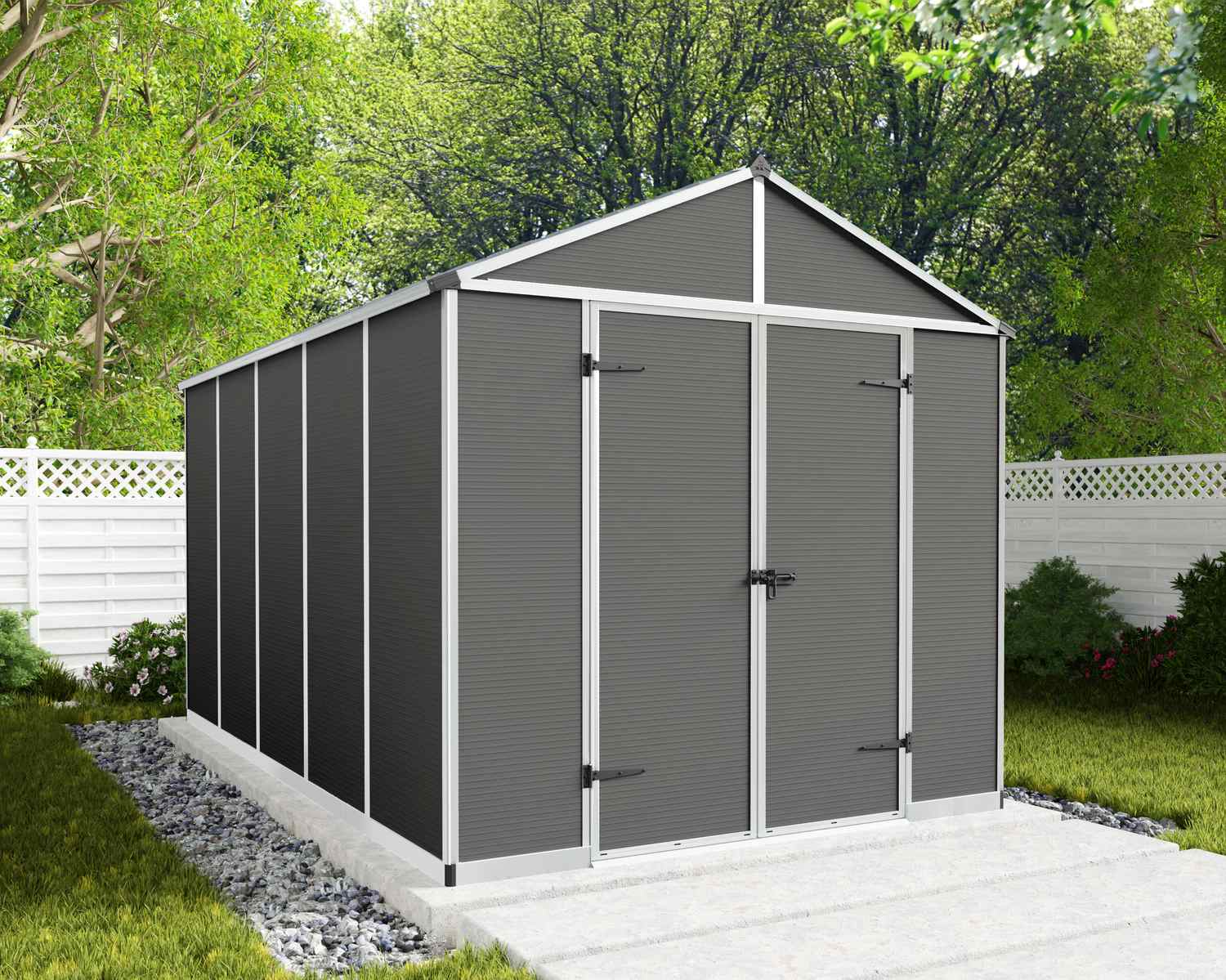 Dark grey Rubicon plastic storage shed, 8 ft x 13 ft, with double doors and a sloped roof, in a garden with plants