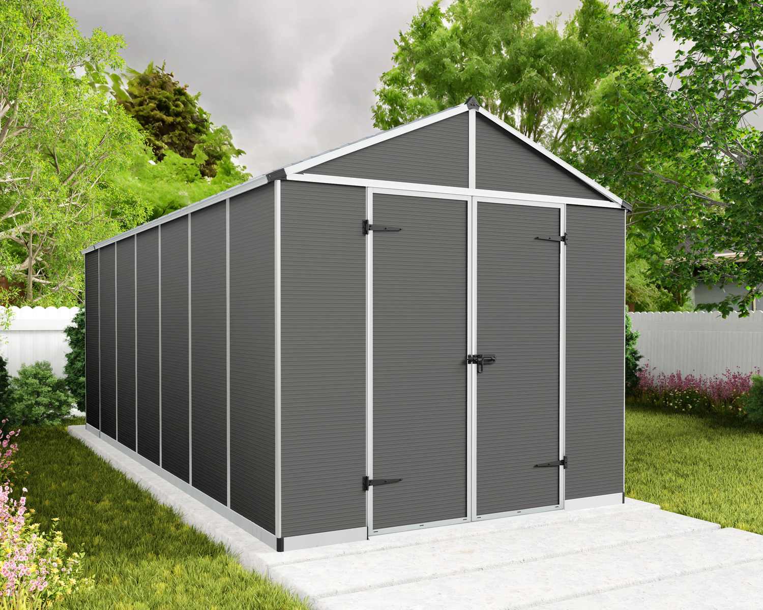 Dark grey Rubicon plastic storage shed, 8 ft x 17 ft, with double doors, sloped roof, and white trim, on a concrete base in a garden