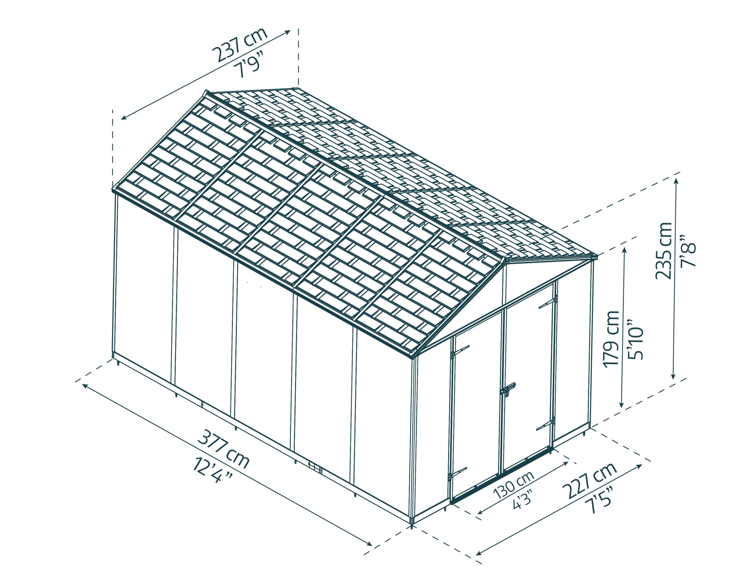Dark grey Rubicon plastic storage shed, 8 ft x 13 ft, with double doors and a sloped roof, in a garden with plants Sketch