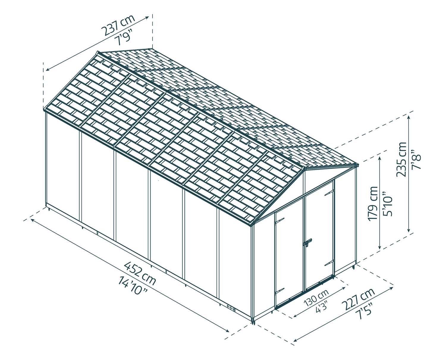 Dark grey Rubicon plastic storage shed, 8 ft x 15 ft, with double doors, on a concrete base beside a brick house Sketch