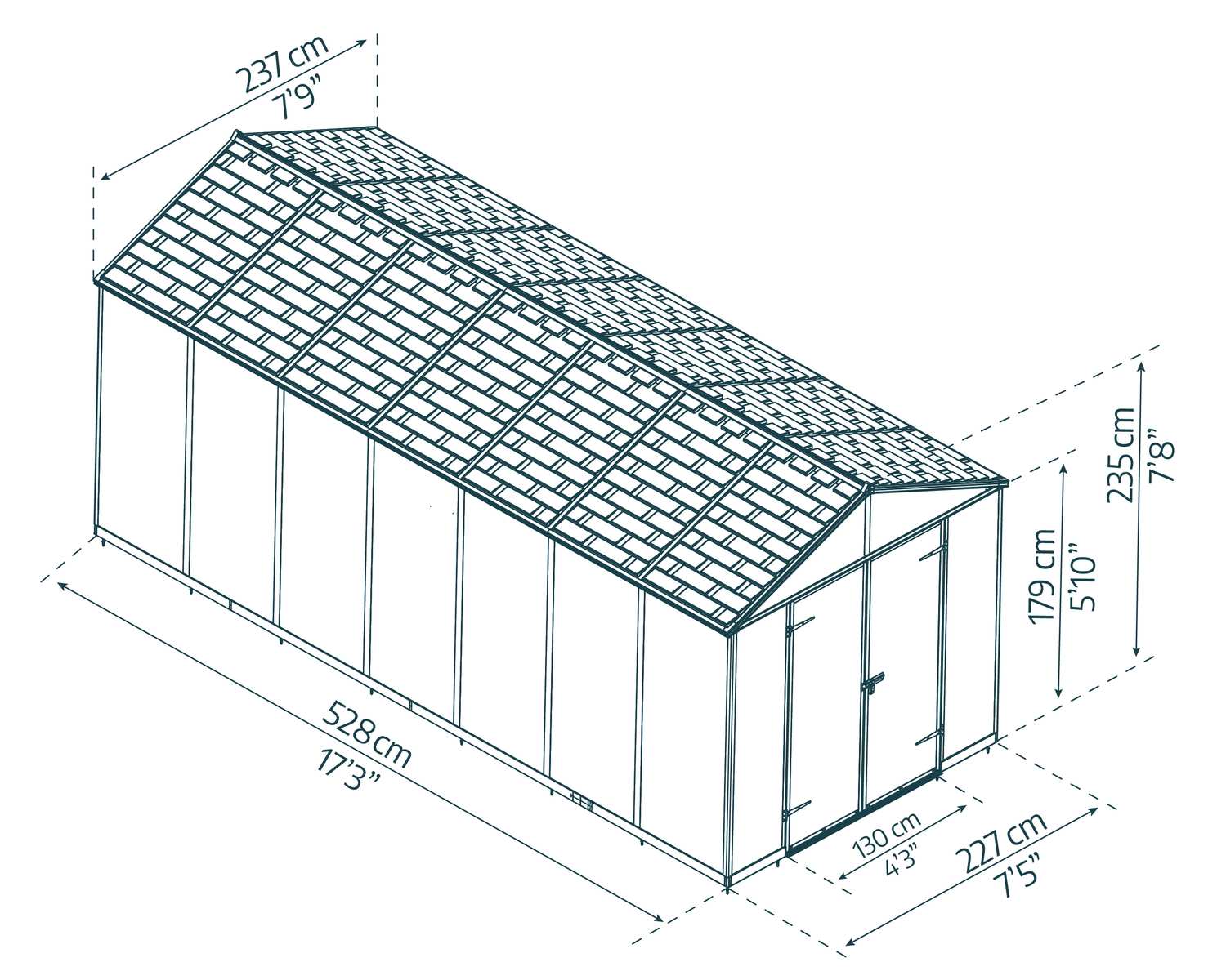 Dark grey Rubicon plastic storage shed, 8 ft x 17 ft, with double doors, sloped roof, and white trim, on a concrete base in a garden sketch