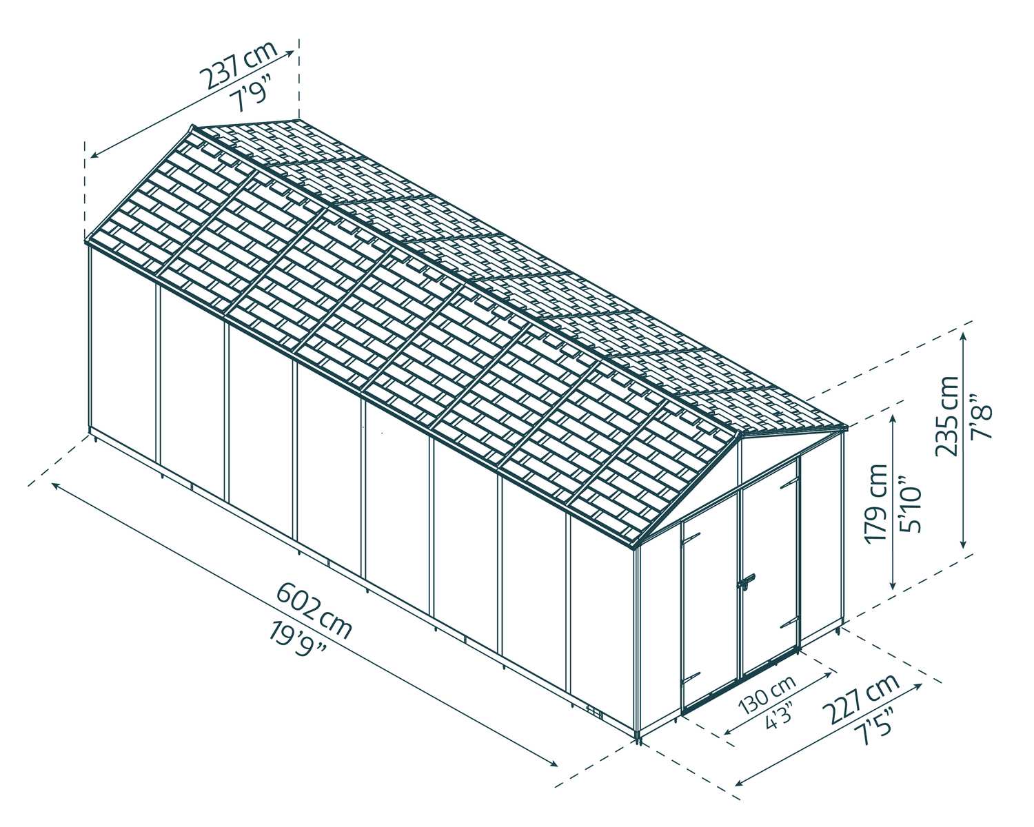 Dark grey Rubicon plastic storage shed, 8 ft x 20 ft, with double doors and a sloped roof, on a concrete slab in a garden sketch