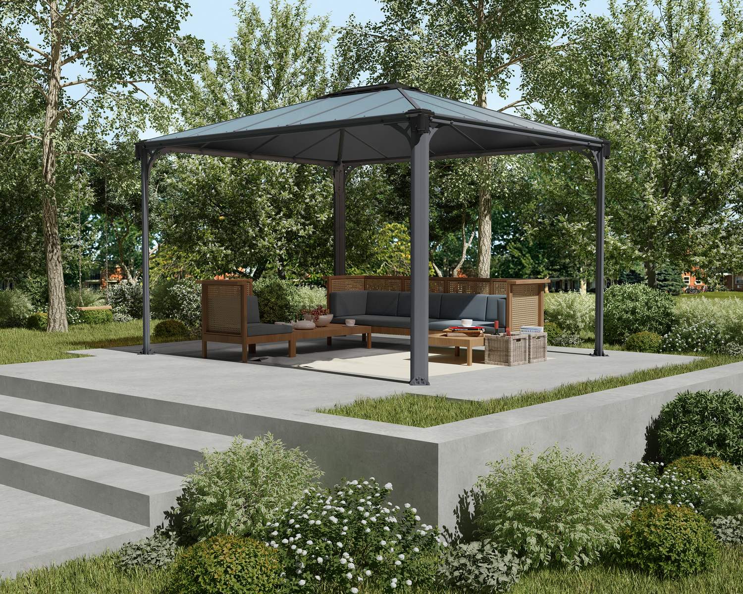 Martinique 10ft x 12ft grey aluminum gazebo with HEAT BLOCK technology, modern design, and a durable frame