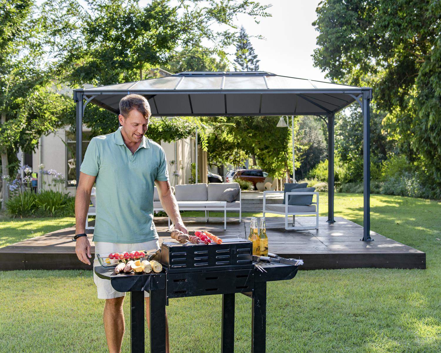 Martinique 10ft x 14ft grey aluminum gazebo with a stylish design and sturdy frame, ideal for elevating your outdoor living area