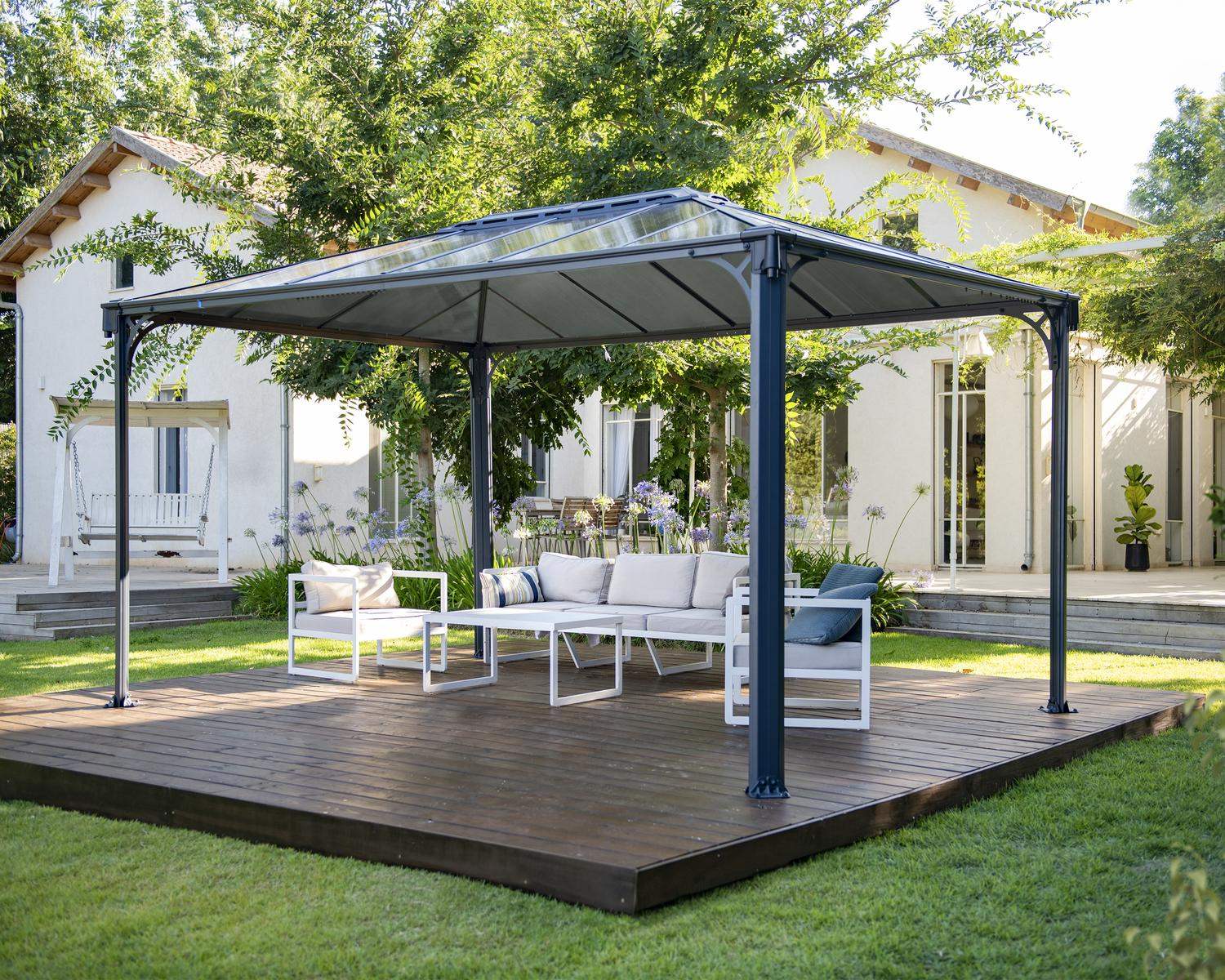 Martinique 10ft x 14ft grey aluminum gazebo with a stylish design and sturdy frame, ideal for elevating your outdoor living area