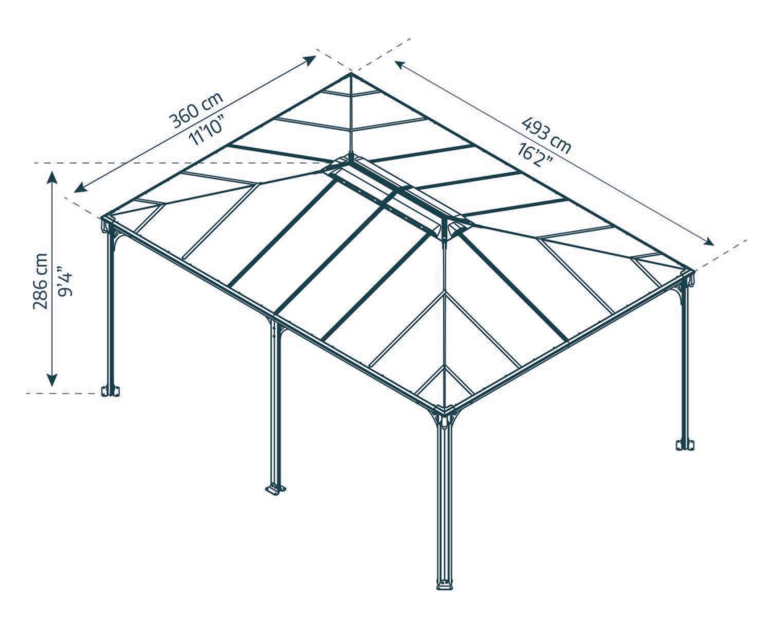 Martinique 12ft x 16ft grey aluminum gazebo with a sleek design, set in front of a brick house for a stylish outdoor retreat Sketch