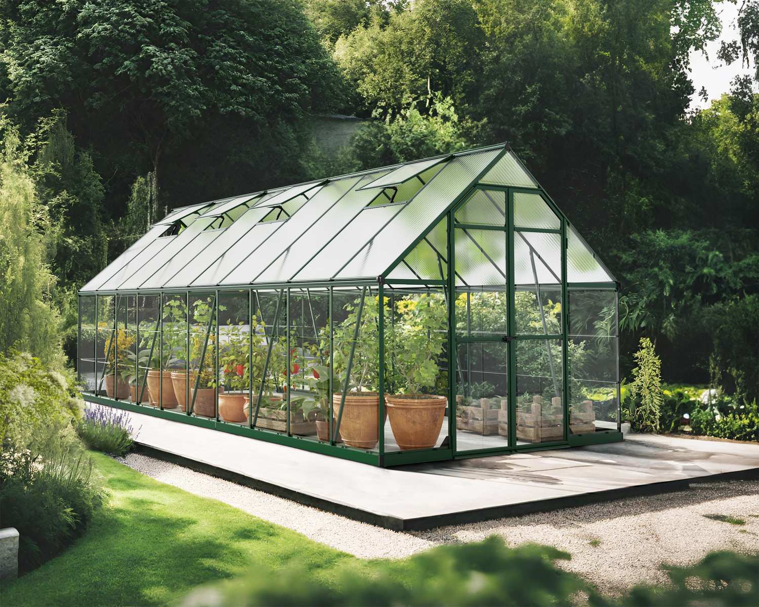 Balance 8ft x 20ft green greenhouse with clear polycarbonate panels and aluminium frame, set in a sunlit garden full of plants