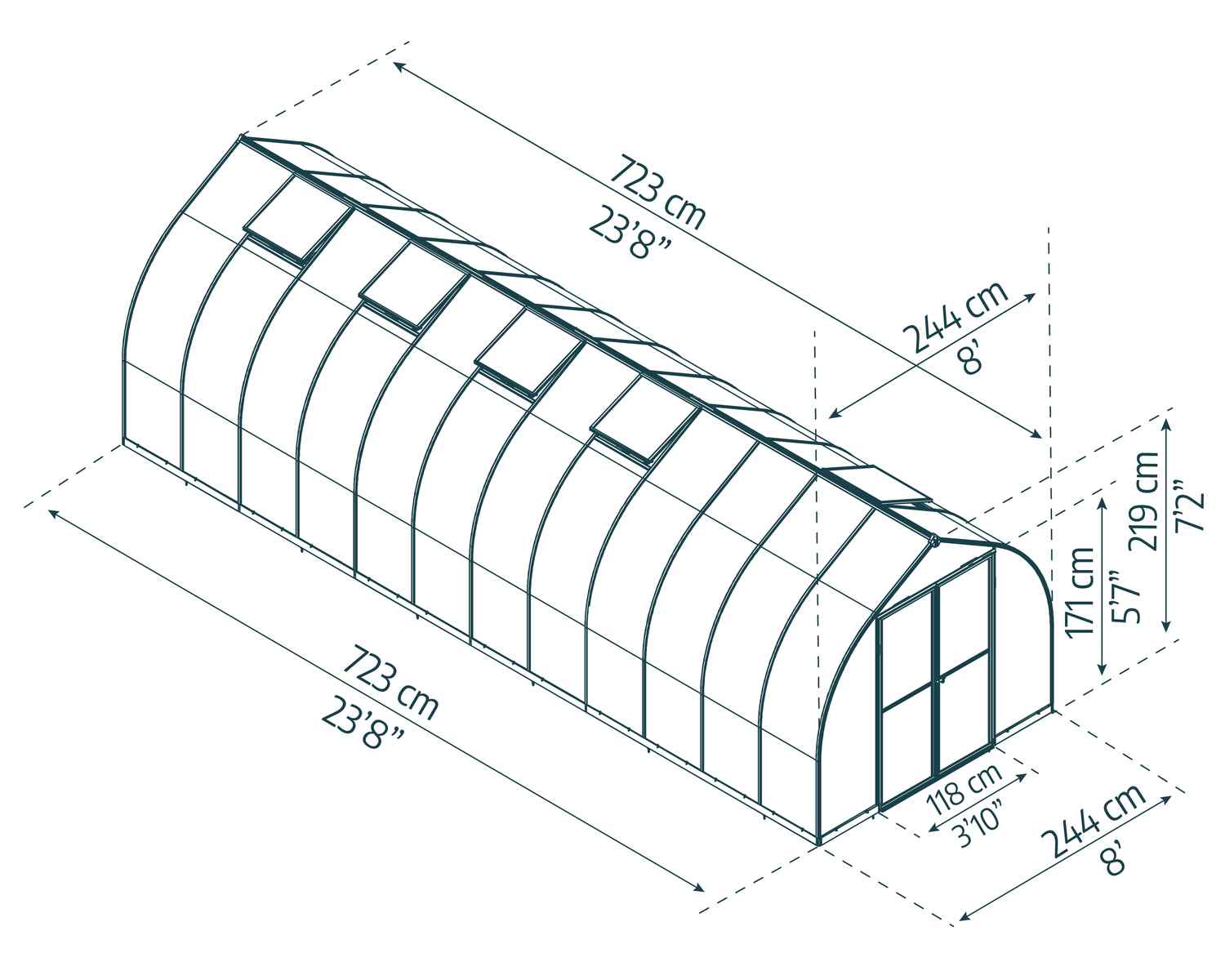 Bella 8x24 Silver greenhouse with polycarbonate multiwall panels, double doors, and a sloped roof, nestled in a vibrant backyard garden sketch