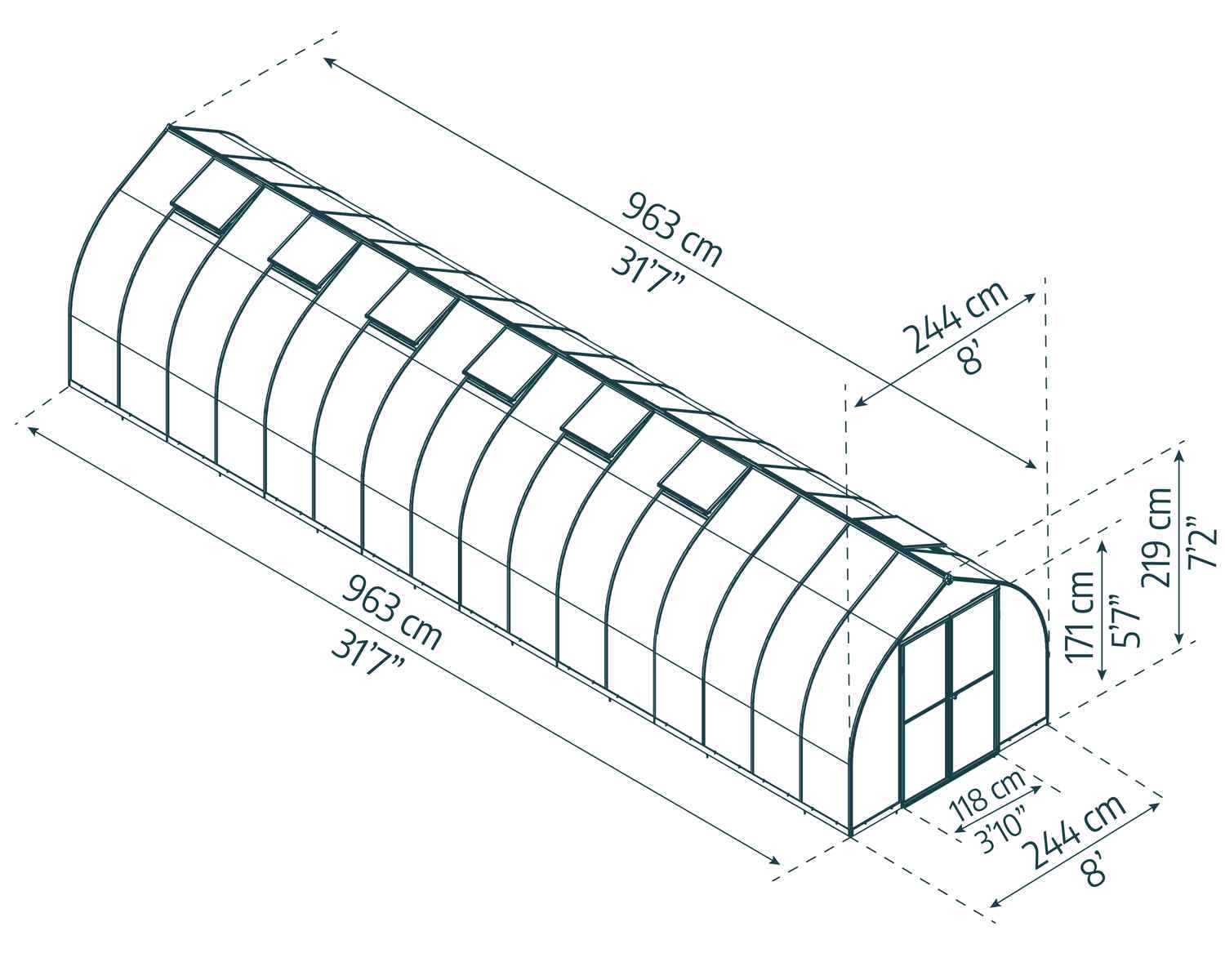 Bella 8x32 Silver greenhouse with polycarbonate multiwall panels, double doors, and a gable roof, set in a lush garden sketch