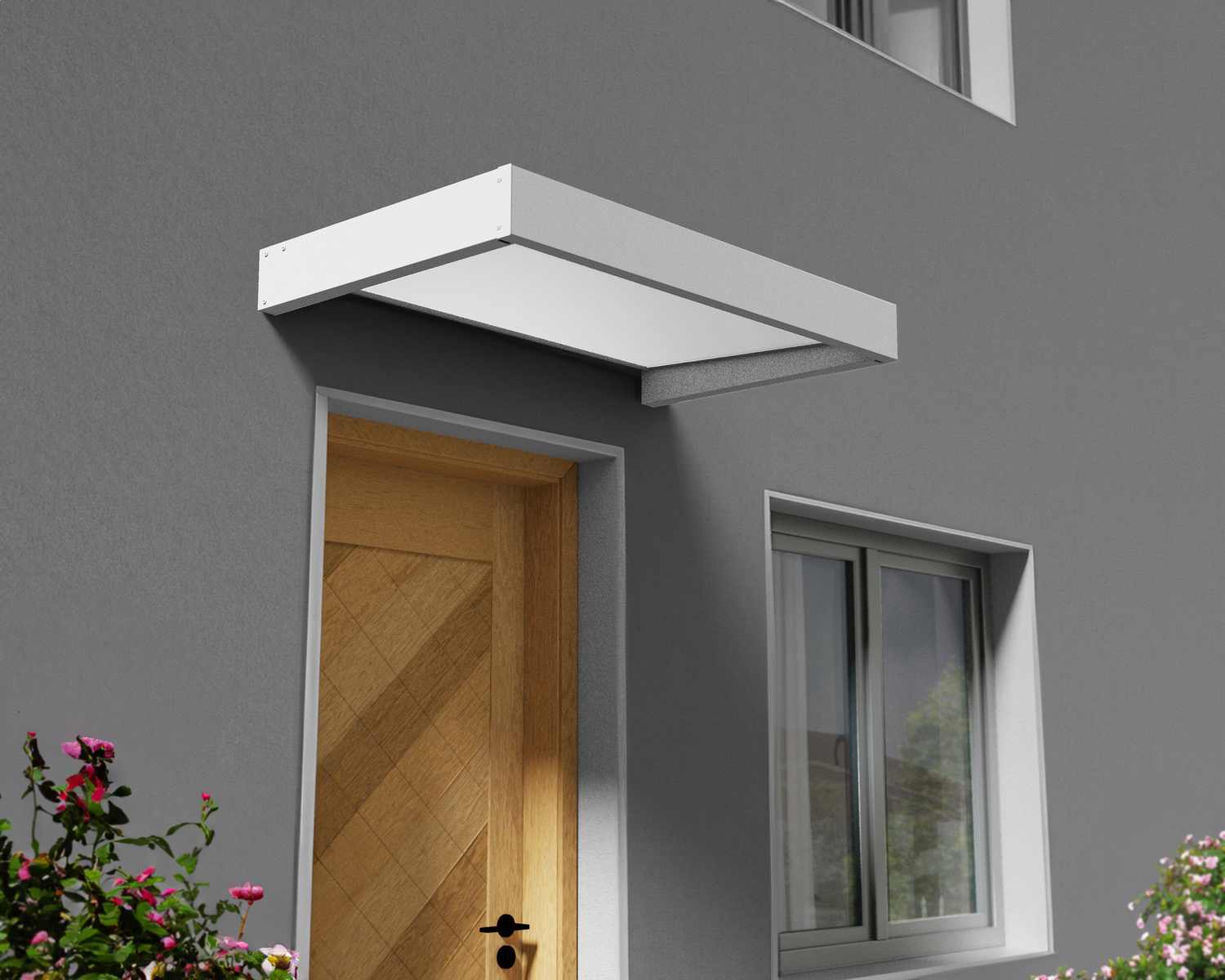 White Sophia door awning 3 ft x 5 ft with a modern design, mounted above a door