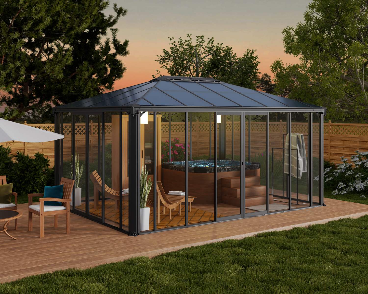 Ledro enclosed gazebo in grey, 12 x 16 ft, with modern design and sturdy construction in a contemporary backyard