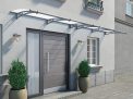 Silver Capella door awning 3 ft x 14 ft with a modern design and frosted panels, mounted above a door