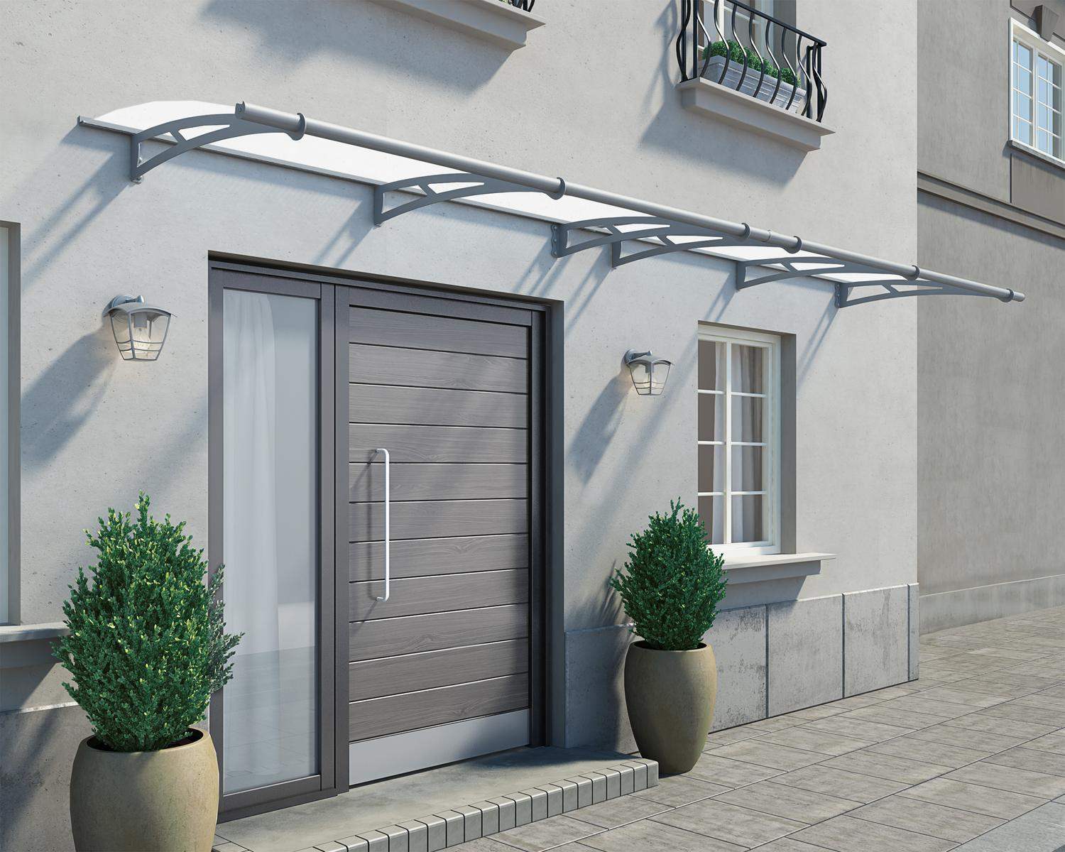 Silver Capella door awning 3 ft x 14 ft with a modern design and frosted panels, mounted above a door