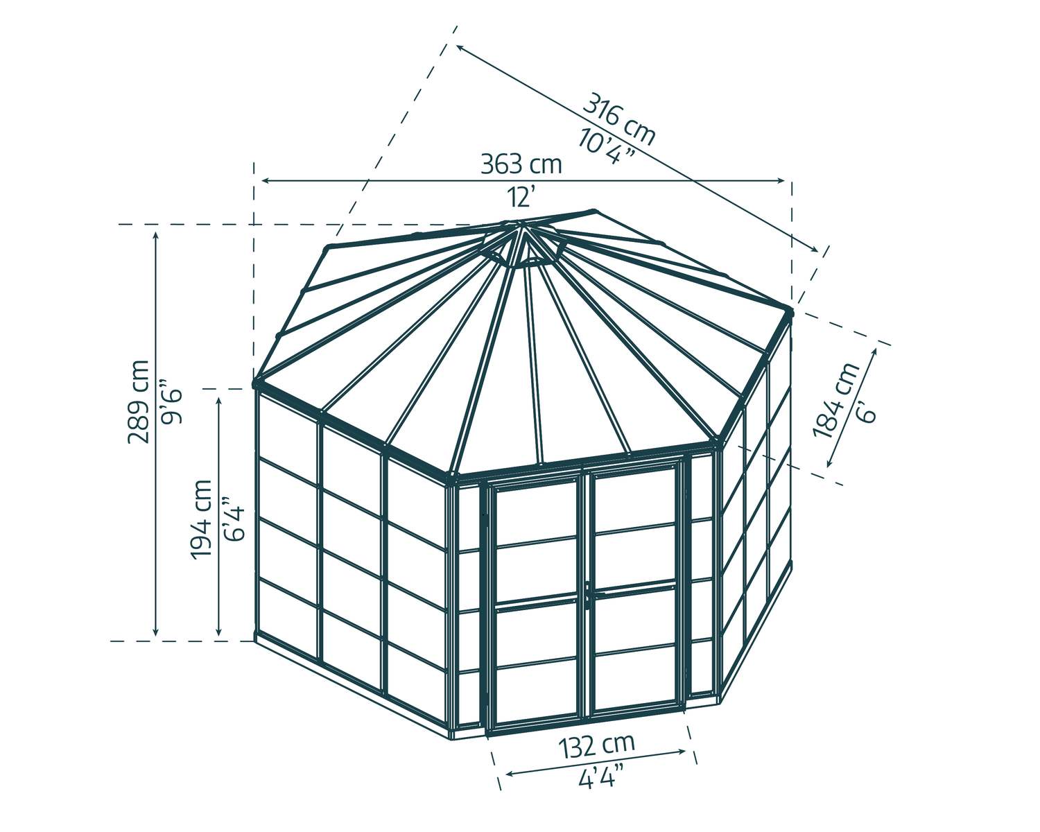 Oasis 12ft grey greenhouse with a durable frame and clear polycarbonate panels, surrounded by lush greenery under a clear sky sketch