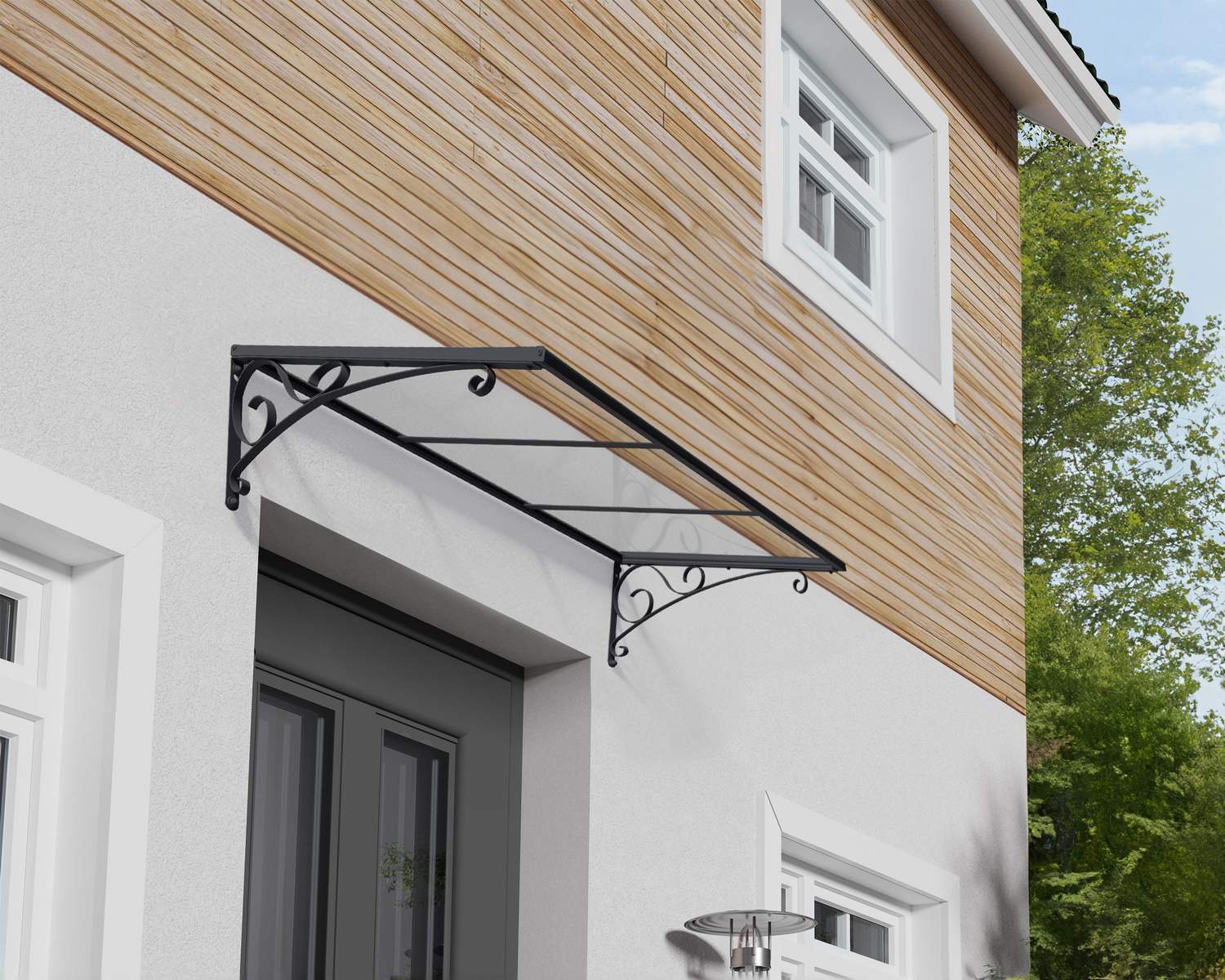 Venus 1.5m x 0.9m door canopy in grey with clear polycarbonate panels, offering sleek and durable protection for entryways