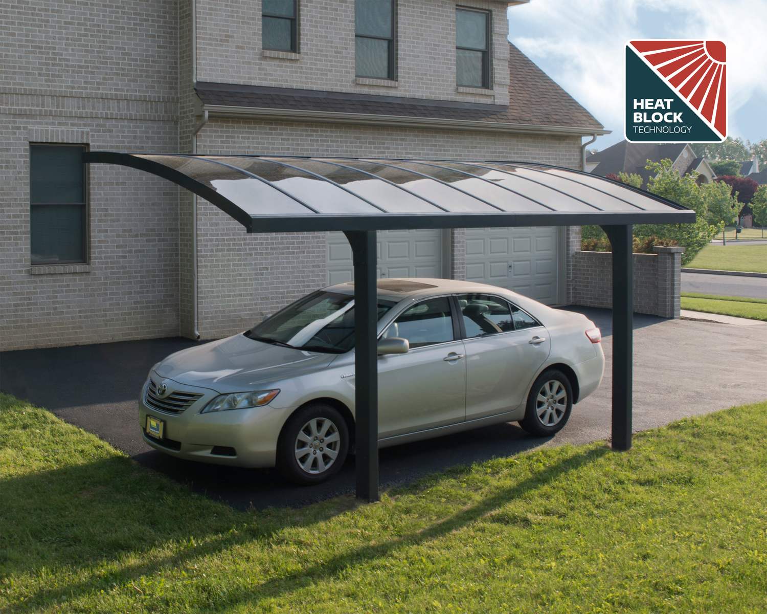10ft x 16ft Arizona Breeze carport with a grey aluminum frame and durable polycarbonate roof panels, sheltering a white Range Rover