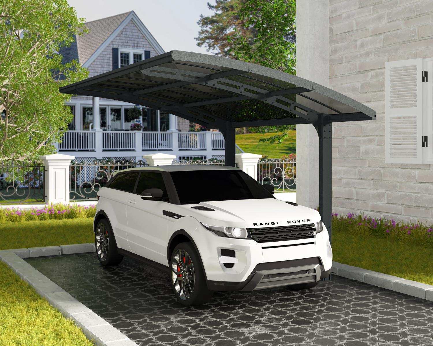 10ft x 16ft Arizona Breeze carport with a grey aluminum frame and durable polycarbonate roof panels, sheltering a white Range Rover
