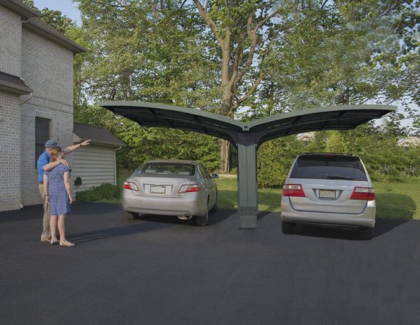 19ft x 16ft Arizona Breeze carport with a grey aluminum frame and polycarbonate roof, featuring a unique winged design, sheltering two cars