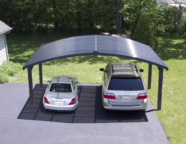 19ft x 16ft Arizona Wave Double carport with a grey aluminum frame, HeatBlock polycarbonate roof panels, sheltering two cars