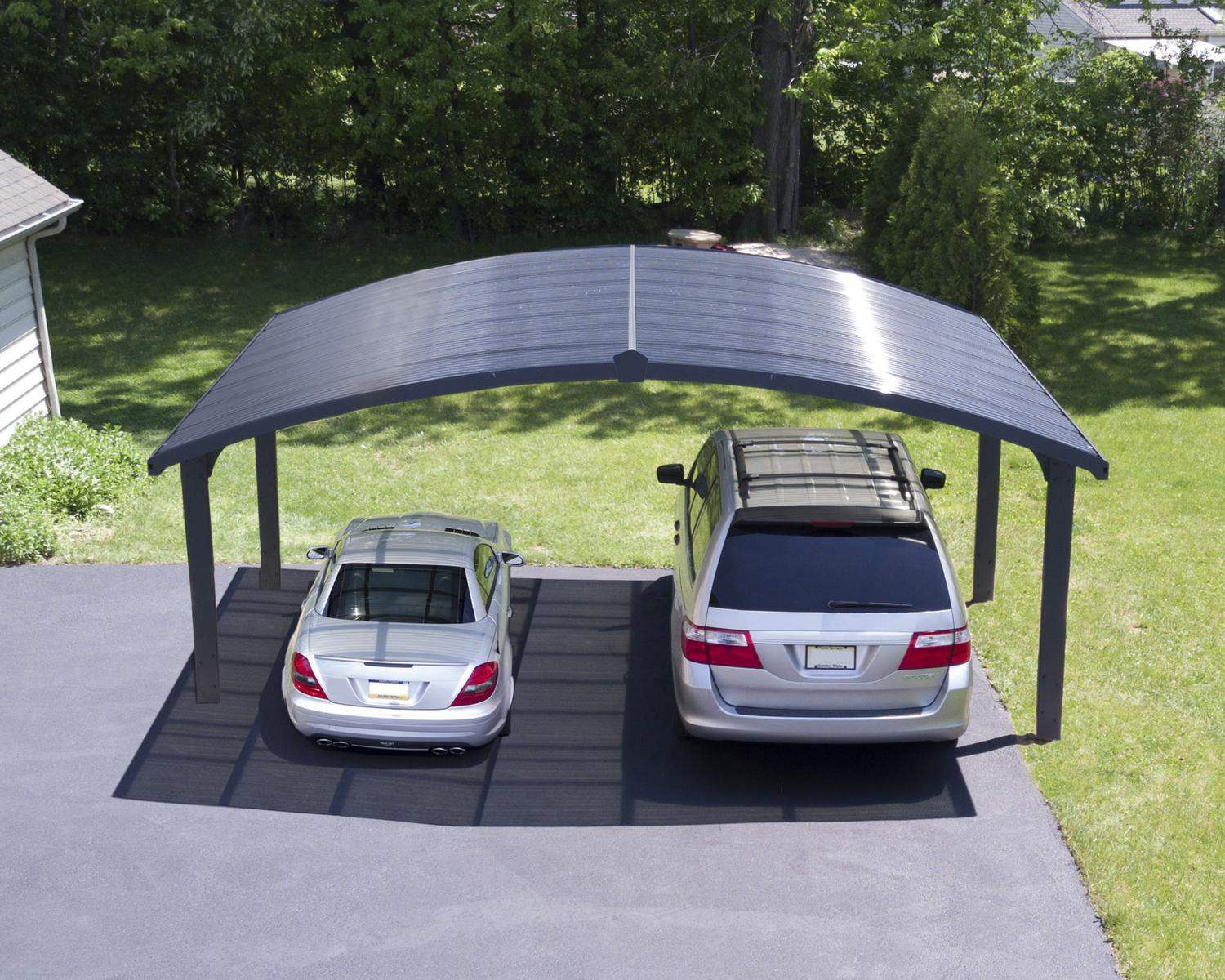 19ft x 16ft Arizona Wave Double carport with a grey aluminum frame, HeatBlock polycarbonate roof panels, sheltering two cars