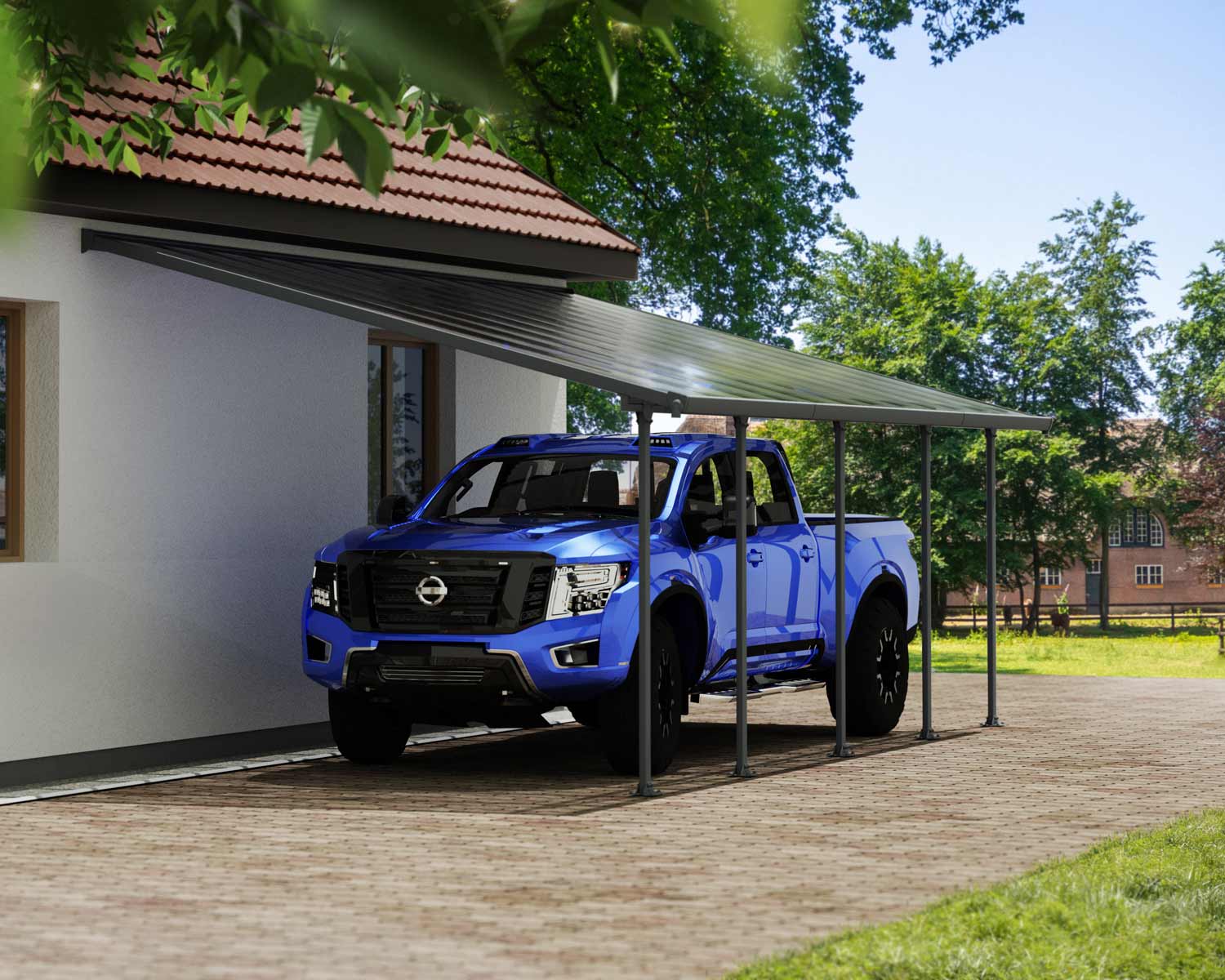 A blue truck is covered by a Grey Faria 13 ft. x 26 ft. lean-to carport