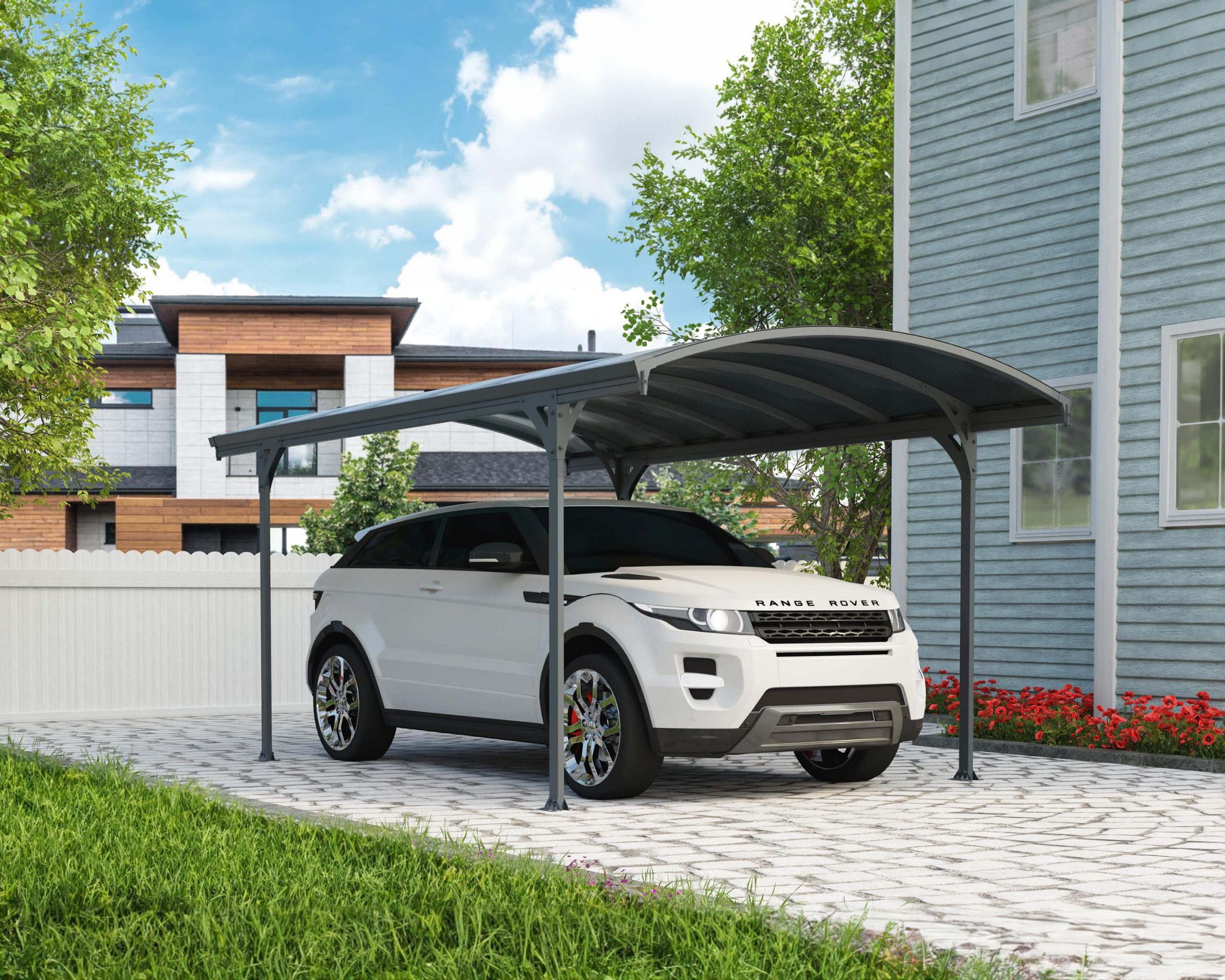 10ft x 17ft Vitoria carport with a grey aluminum frame and polycarbonate roof, providing stylish shelter and protection for vehicles