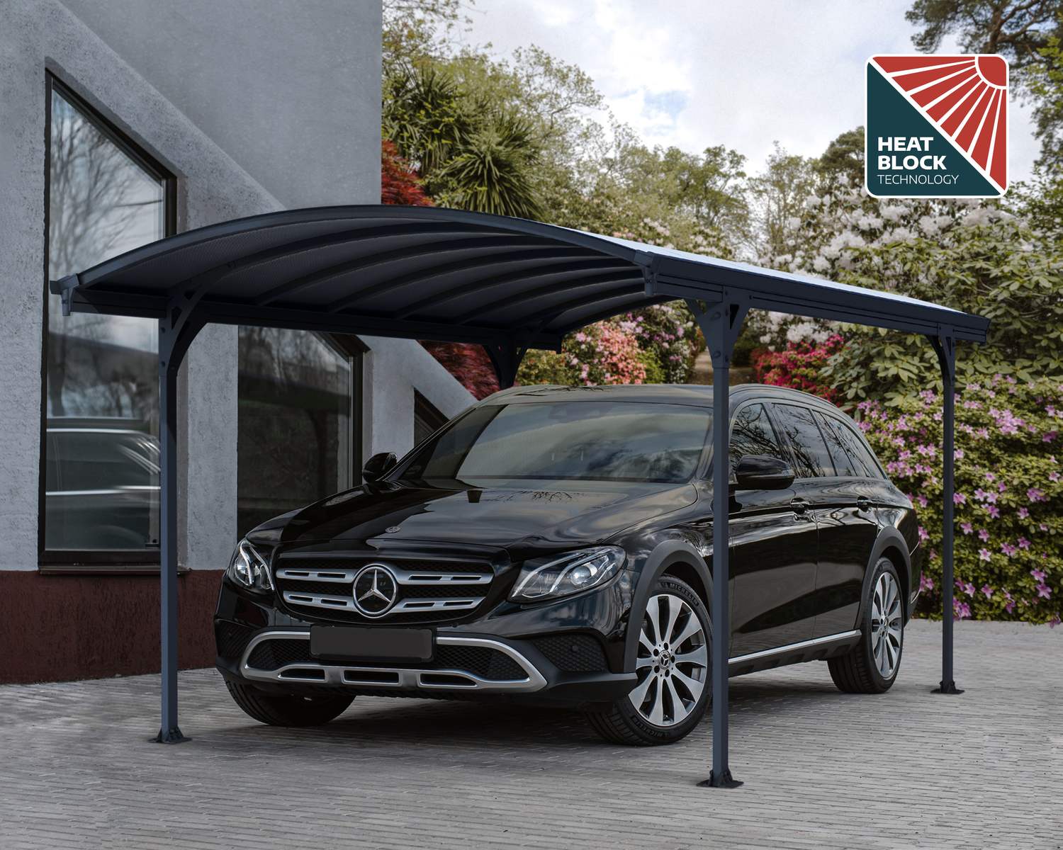 10ft x 17ft Vitoria carport with a grey aluminum frame and polycarbonate roof, providing stylish shelter and protection for vehicles
