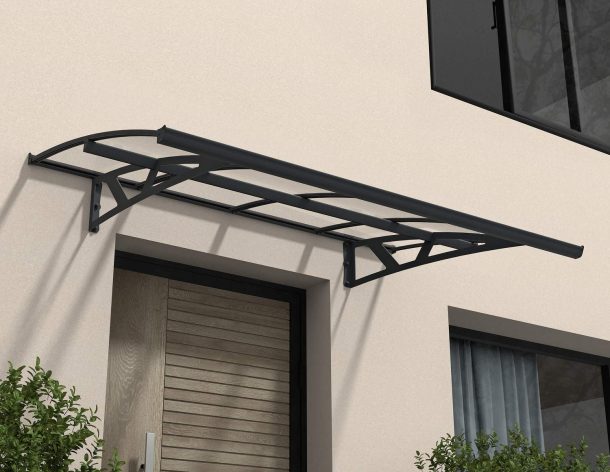 Amsterdam 2.2m x 1.4m grey Door Canopy with clear polycarbonate panels, featuring a modern design for durable protection over entrances