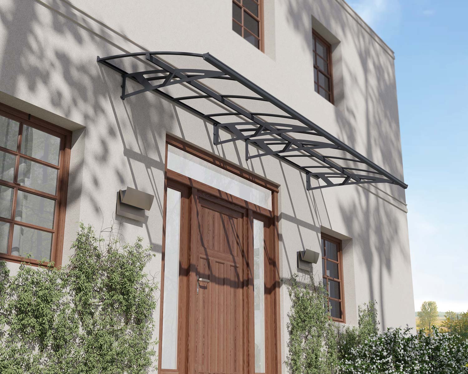 Amsterdam 4.5m x 1.4m grey door awning with clear polycarbonate panels, offering sleek and durable entryway protection
