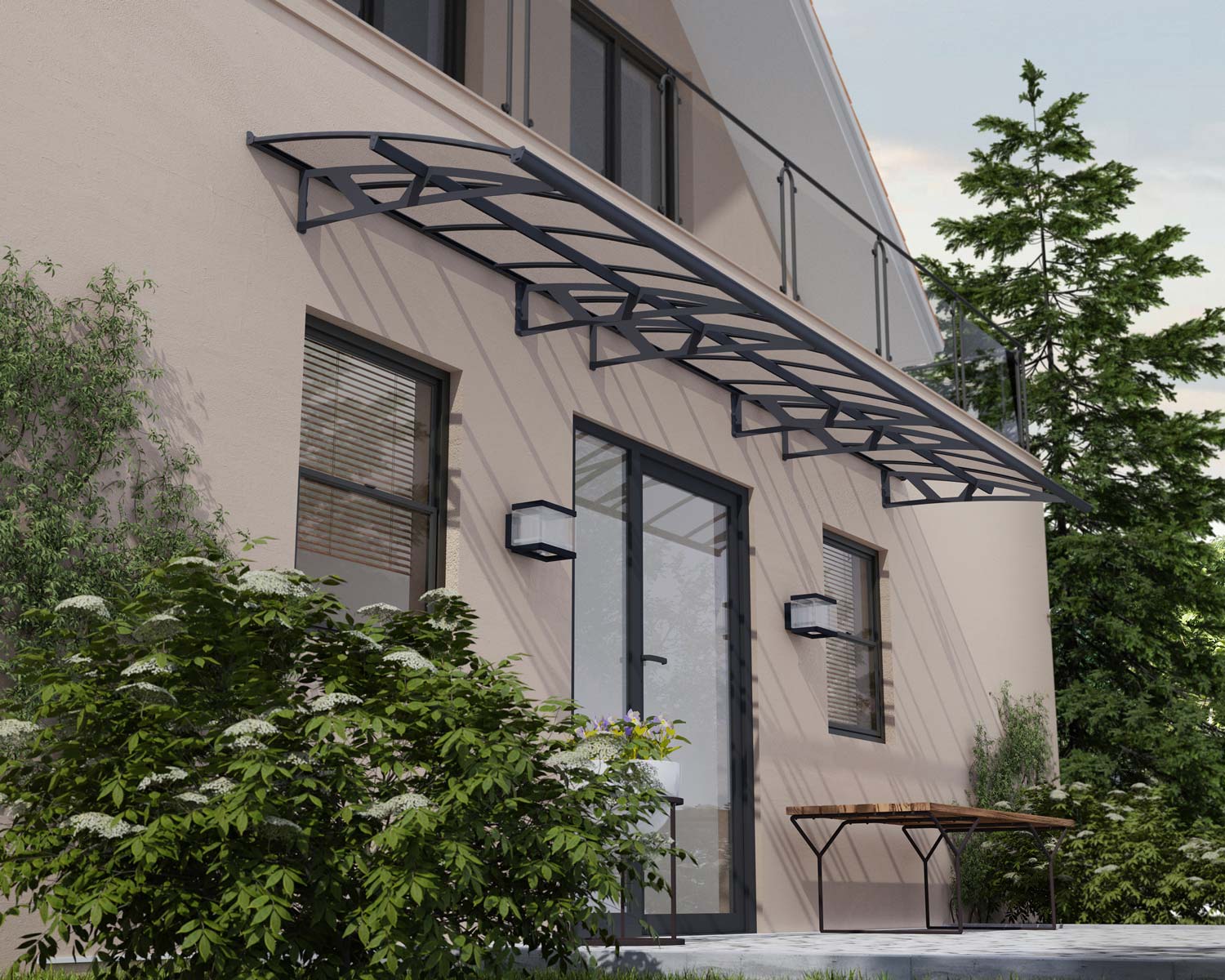 Amsterdam 6.7m x 1.4m grey door canopy with clear polycarbonate panels, offering sleek and durable coverage for extended entryways