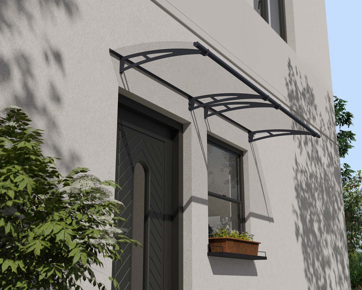 Grey Aquila 3m x 0.9m Door Canopy with clear polycarbonate panels, featuring a sleek design for reliable entrance protection