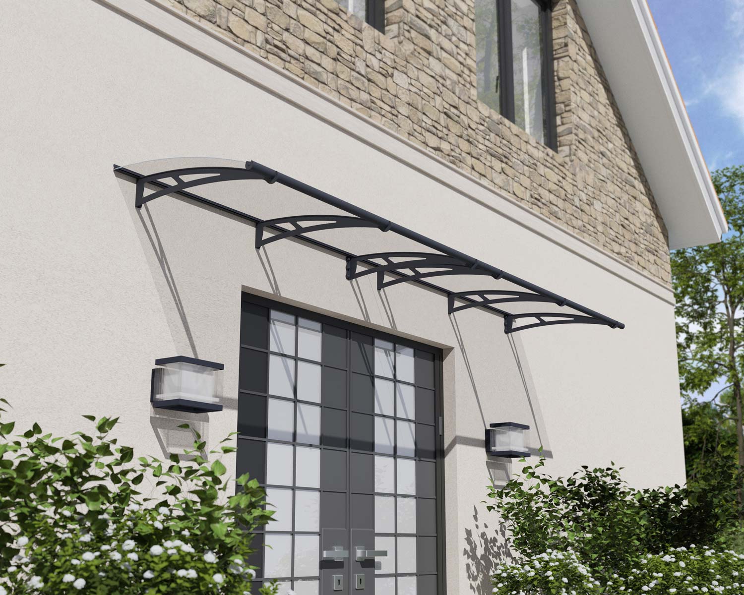 Grey Aquila 4m x 0.9m Door Canopy with clear polycarbonate panels, combining modern aesthetics with durable entryway protection