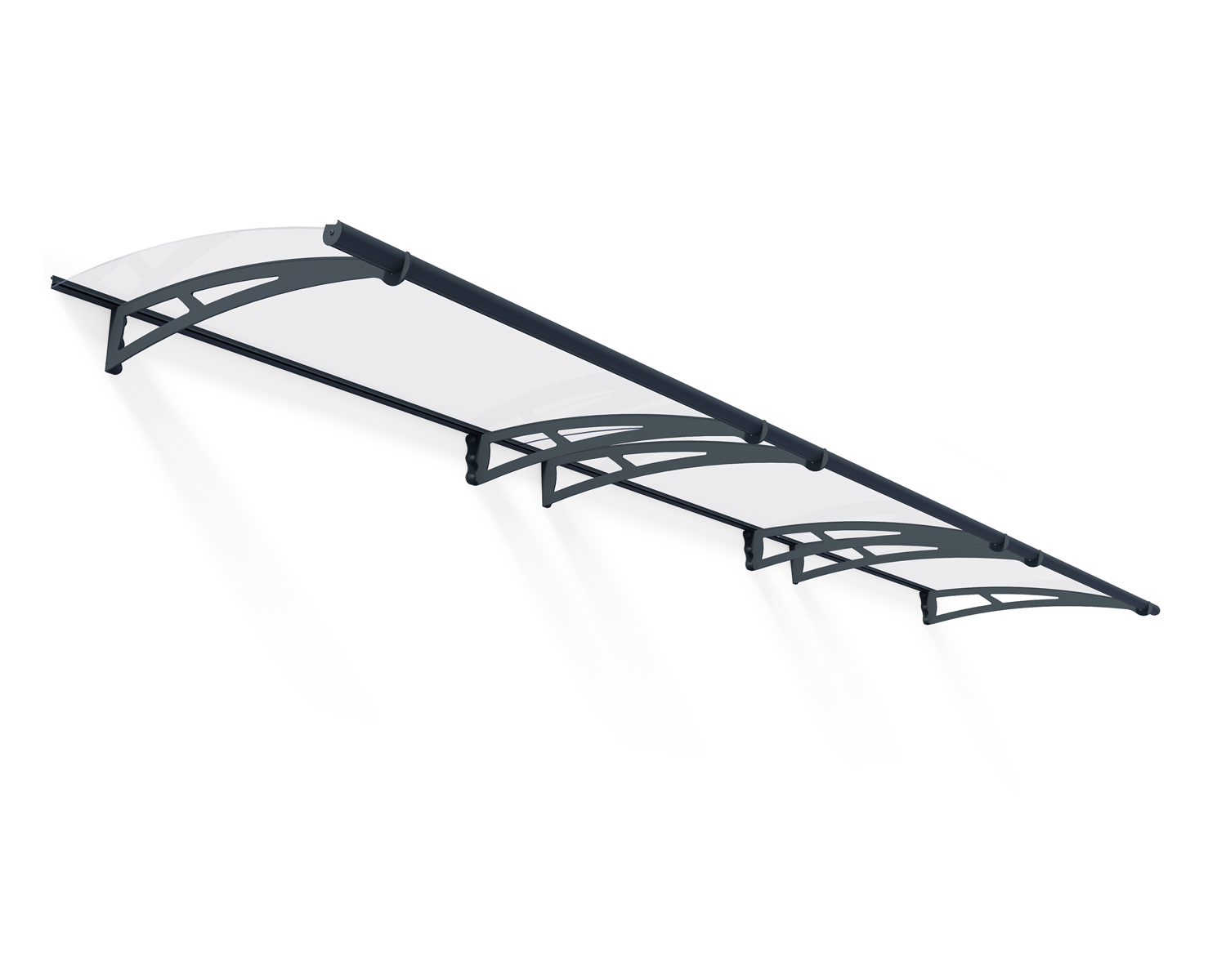 Grey Aquila 4.5m x 0.9m Door Canopy with clear polycarbonate panels, designed to provide stylish and durable protection for doorways