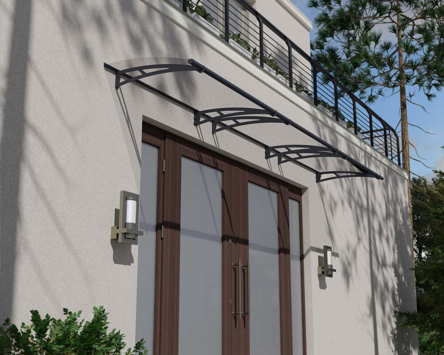 Grey Aquila 4.5m x 0.9m Door Canopy with clear polycarbonate panels, designed for durable and stylish protection over entryways