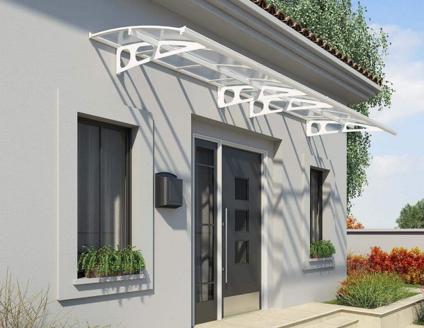 White Bordeaux 4.5m x 2.2m Door Canopy with clear polycarbonate panels, offering reliable protection with a modern design for entrances