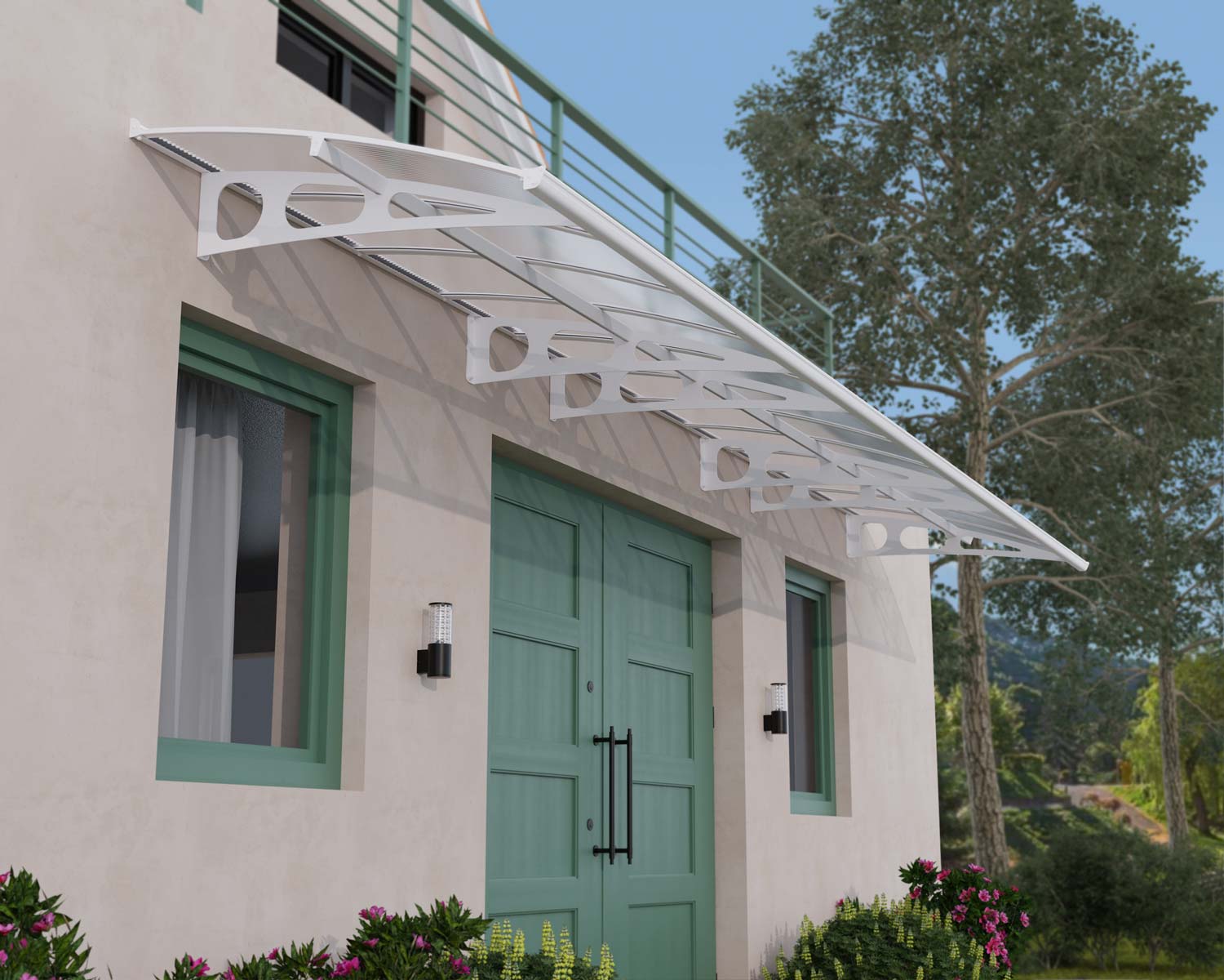 White Bordeaux 7m x 1.4m Door Canopy with diffused polycarbonate panels for durable entrance protection