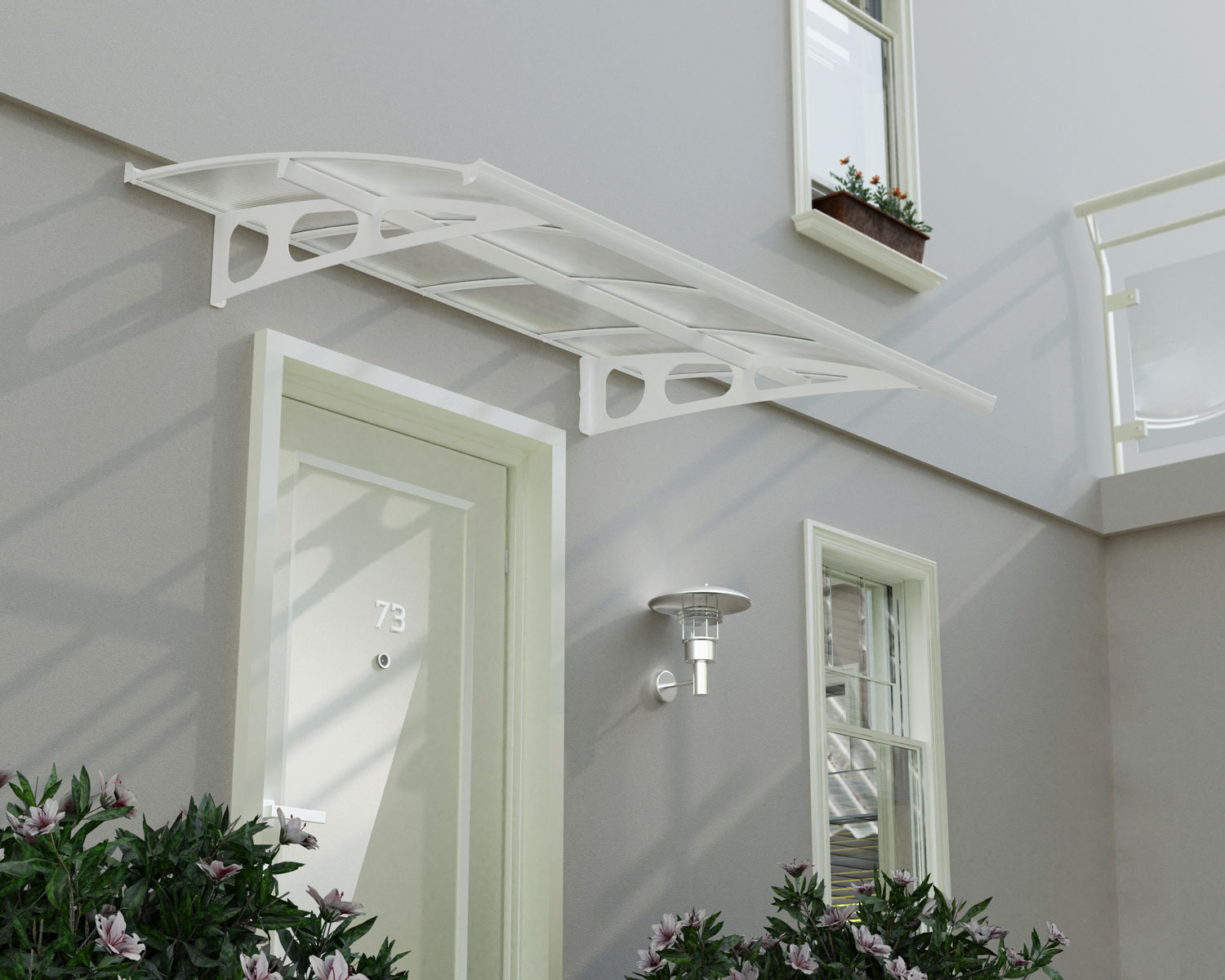 White Bordeaux 2.2m x 1.4m Door Canopy with clear polycarbonate panels, featuring a classic design for reliable entryway protection