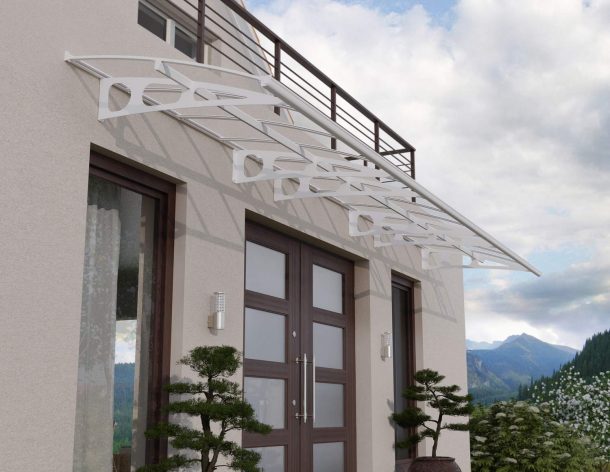 White Bordeaux 7m x 1.4m Door Canopy with clear polycarbonate panels, offering modern design and reliable protection for entryways