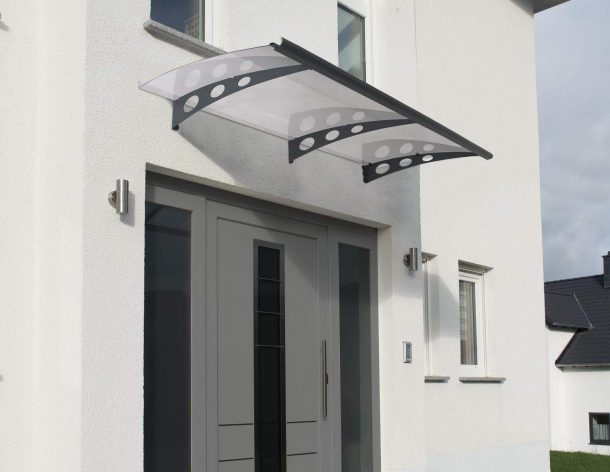 Grey Garamond 2m x 0.9m Door Canopy with clear polycarbonate panels, designed to provide stylish and reliable protection for entrances
