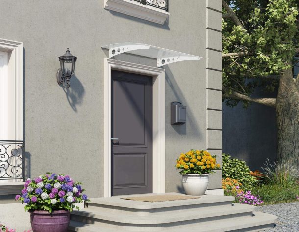 White Lyra 1.4m x 0.9m Door Canopy with clear polycarbonate panels, offering modern and reliable protection for doorways