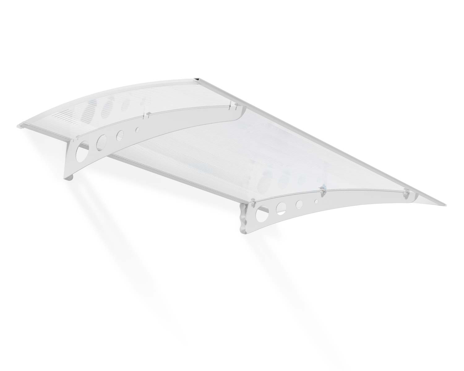 White Lyra 1.4m x 0.9m door canopy with clear polycarbonate panels, designed to offer stylish and durable protection for entrances