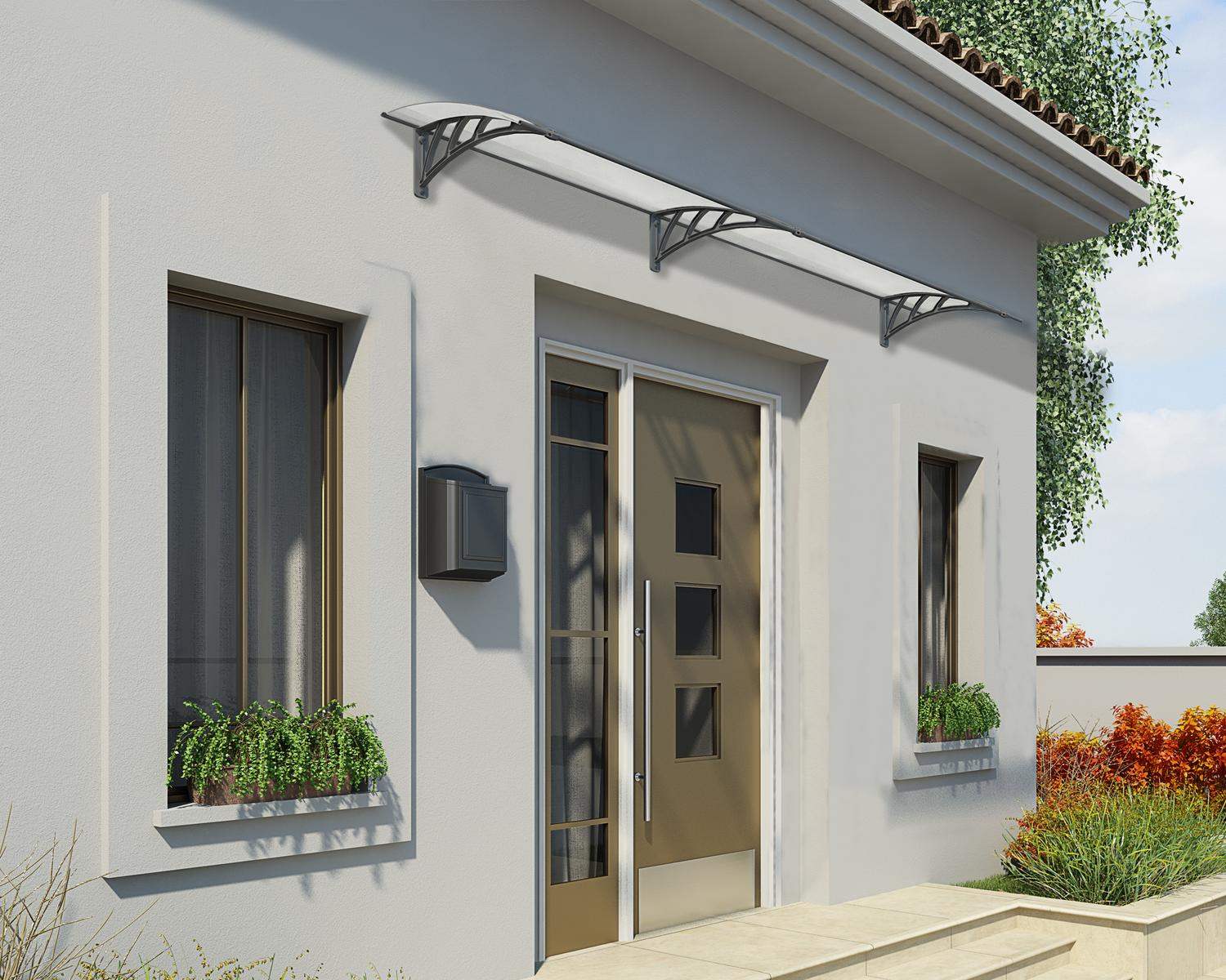 Grey Neo 2.7m x 0.75m door canopy with twin-wall polycarbonate panels, offering durable and stylish protection for entryways