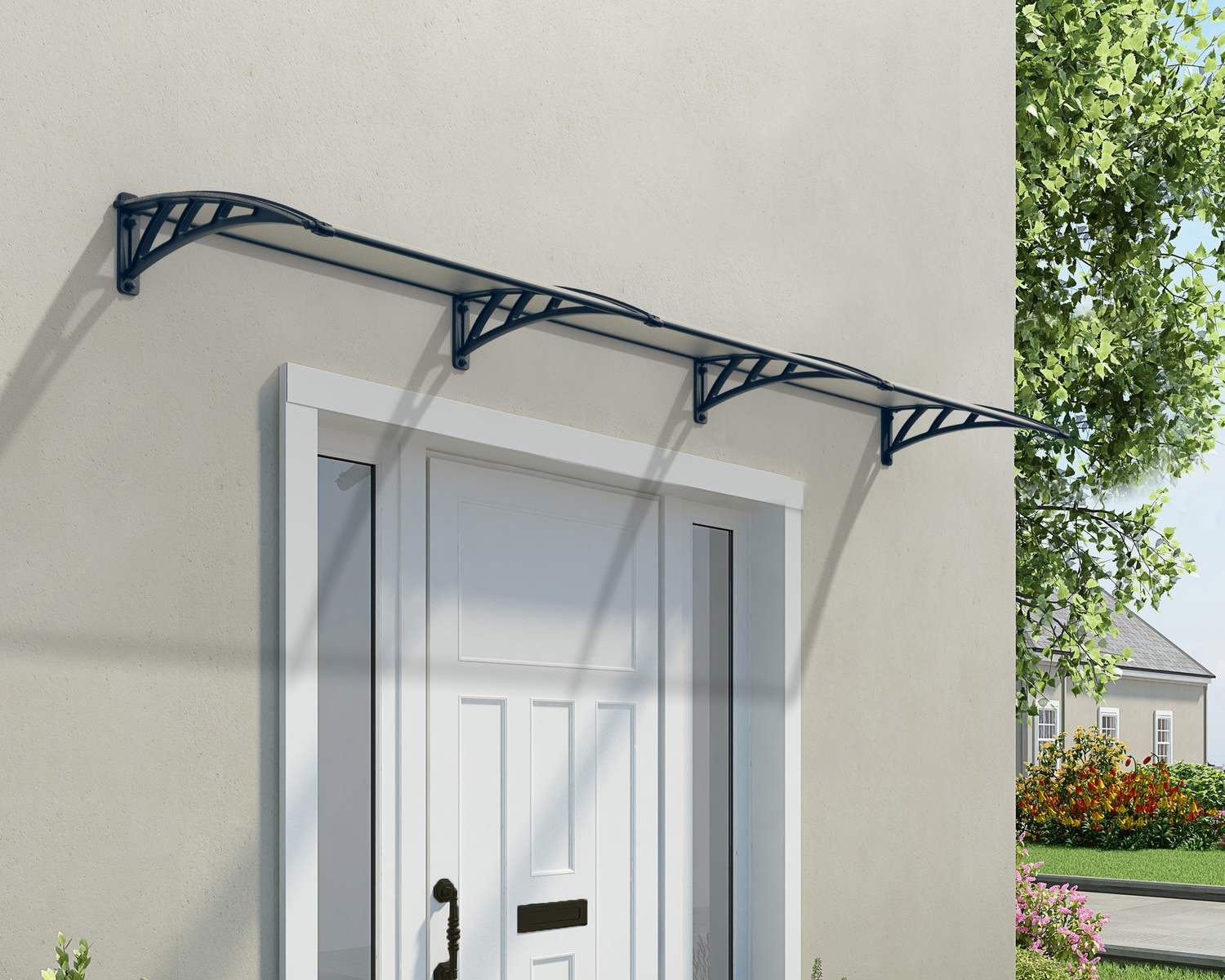 Grey Neo 3.5m x 0.75m door canopy with twin-wall polycarbonate panels, providing durable and modern protection for doorways