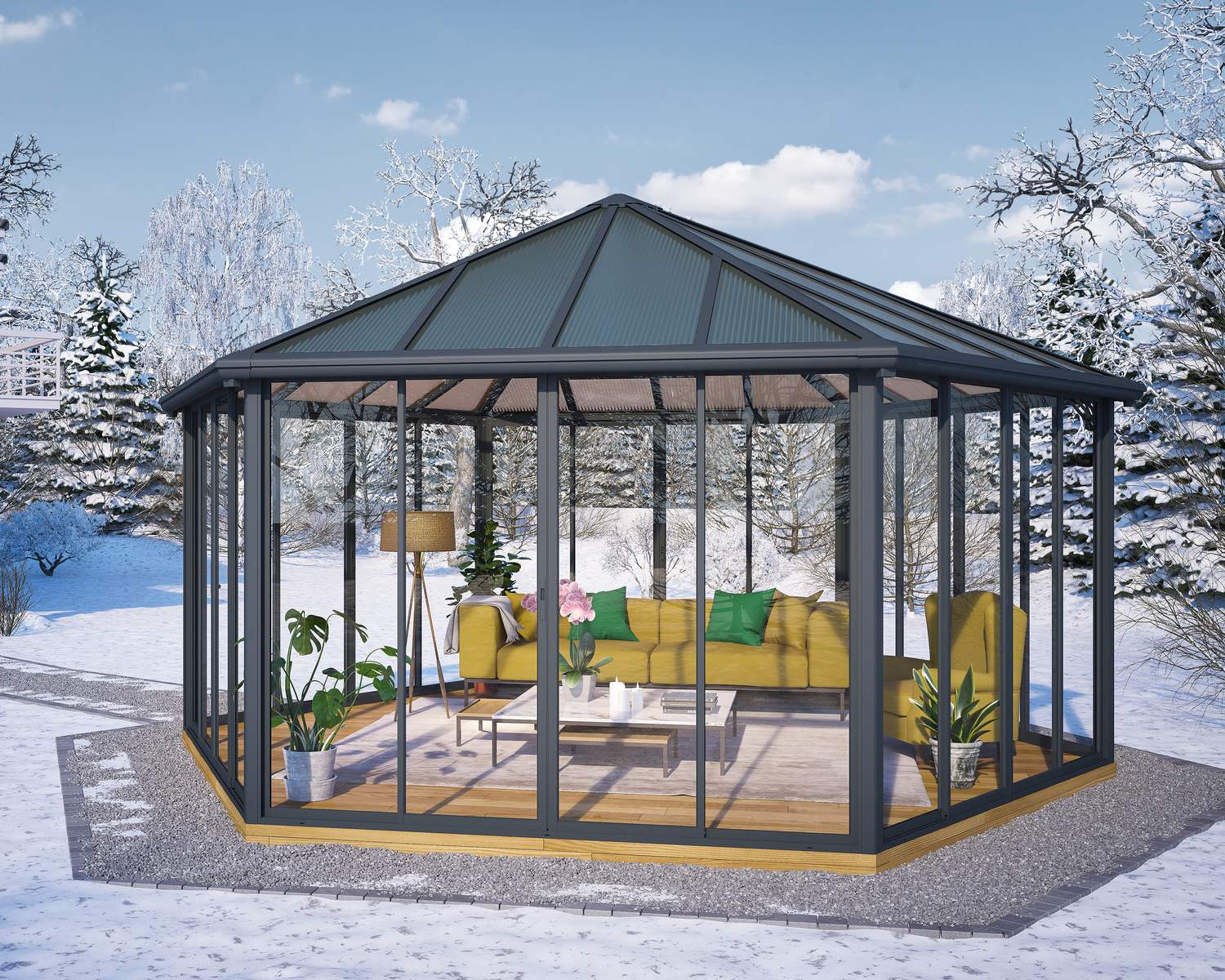 Modern grey Garda 6m x 5m enclosed gazebo with polycarbonate panels and sturdy frame, featuring a sofa in a snowy outdoor setting