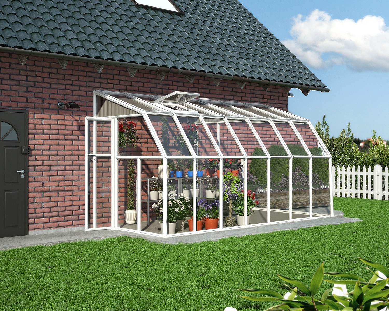 2m x 4.5m white Lean to Conservatory sunroom with clear polycarbonate panels, featuring a sleek design with vibrant plants and a red brick wall
