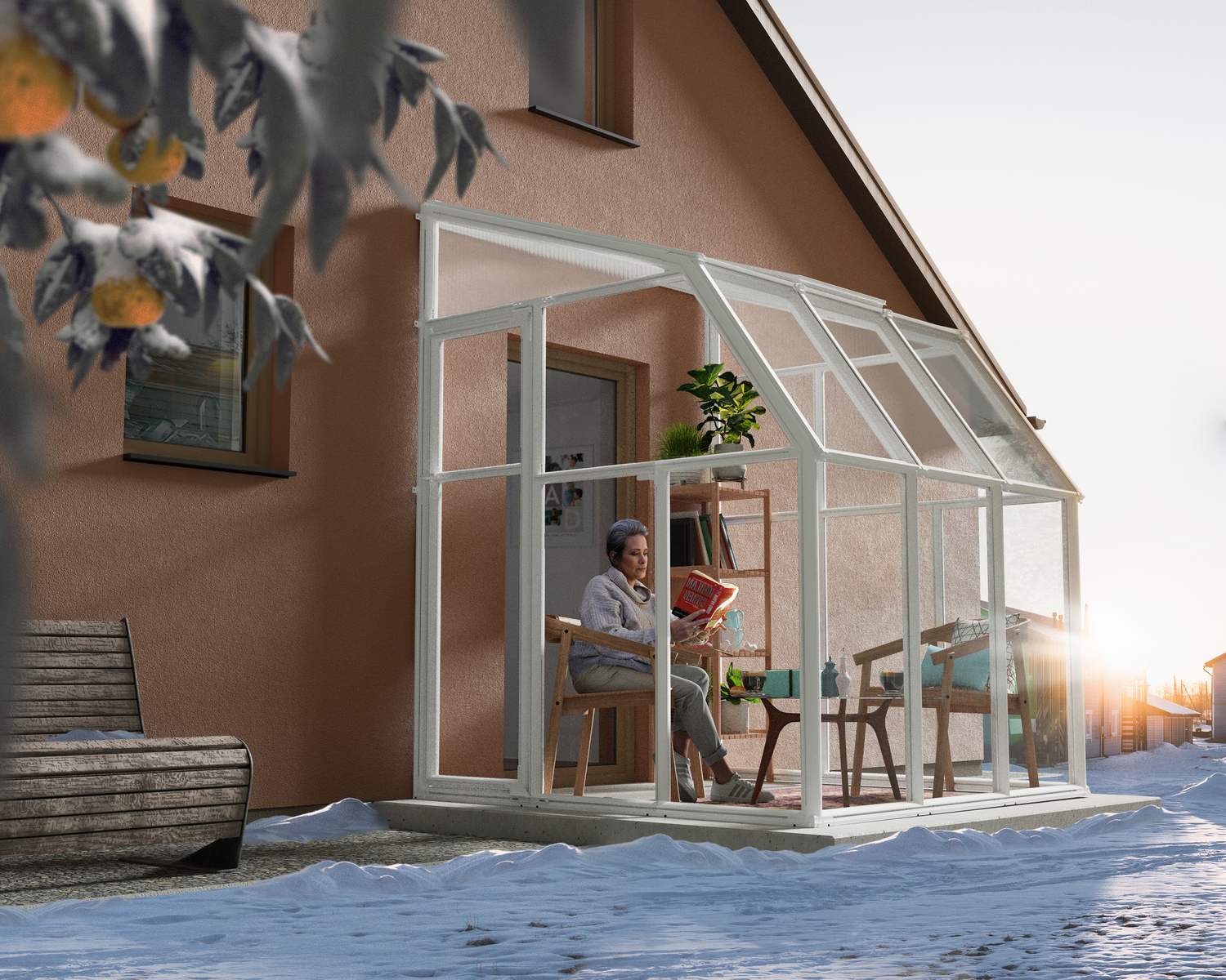 2m x 2m white Lean to Conservatory sunroom with clear polycarbonate panels, featuring a person reading inside, surrounded by snow, with a stunning sunset