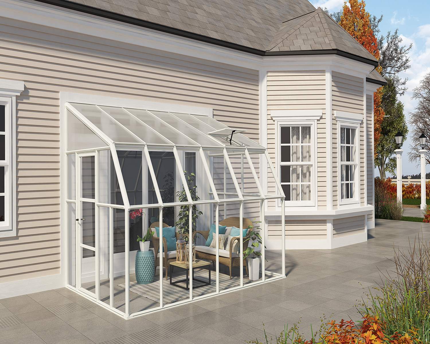 2.5m x 3.5m white Lean to Conservatory sunroom with clear polycarbonate panels, attached to a beige house and surrounded by autumn foliage