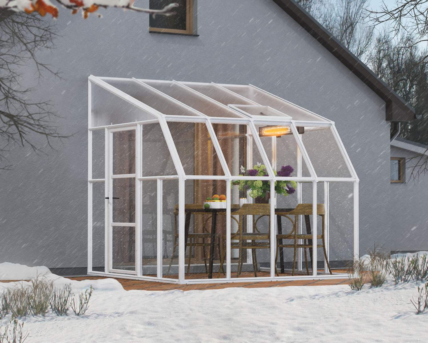 2.5m x 2.5m white Lean to Conservatory sunroom with clear polycarbonate panels, featuring a spacious design, with a dining set inside during snowfall